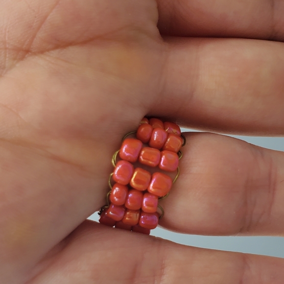 Coral Red Floral Beaded Ring - Picture 9 of 10